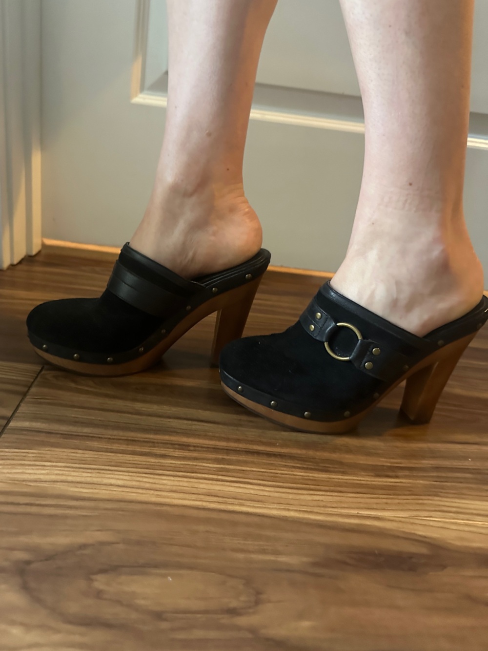 Ralph Lauren Black Suede Slip-On Mules with Buckle Strap